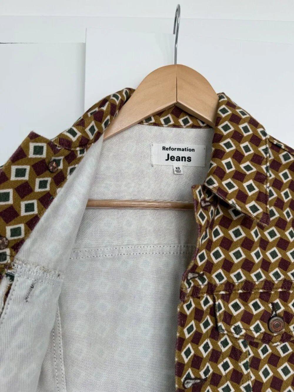 Reformation Jeans Cora Shrunken Denim Jacket Geo Print Brown Size XS